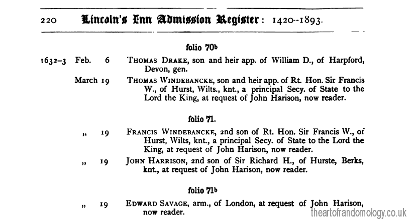 Lincoln's Inn Addmission Register. 1633, March 19. Thomas Windebank and Francis Windebank.