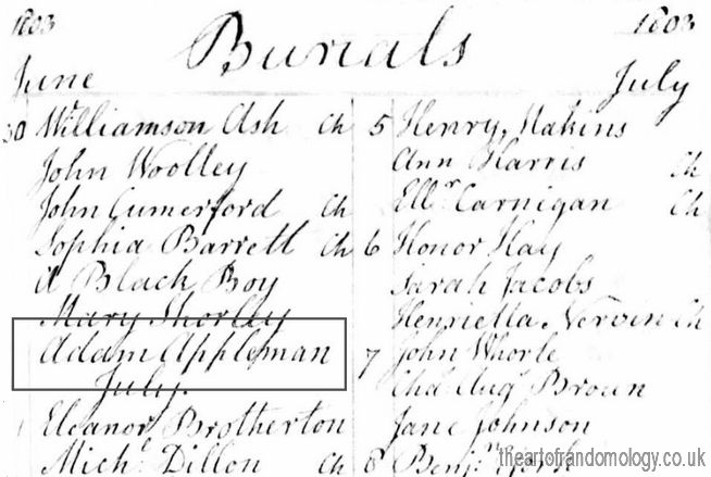  Burial record of Adam Appelman, 1803