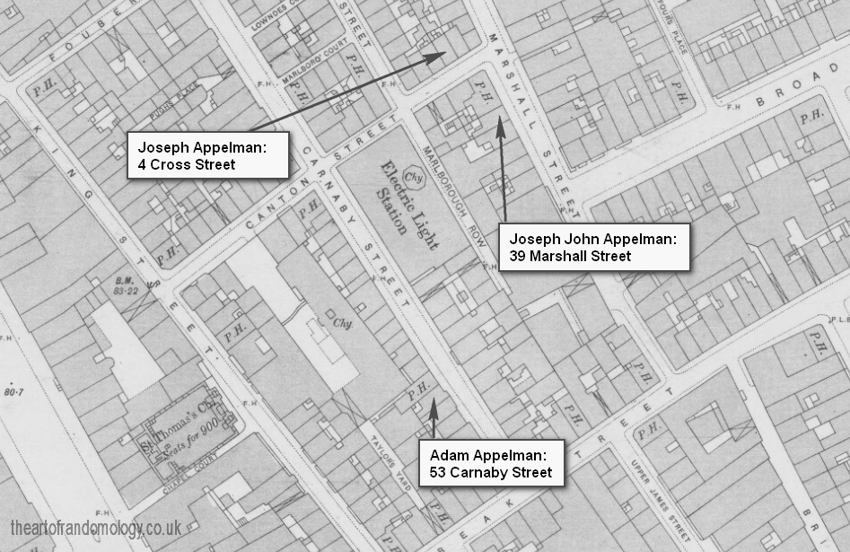 Location of the homes of Adam, Joseph, and Joseph John Appelman