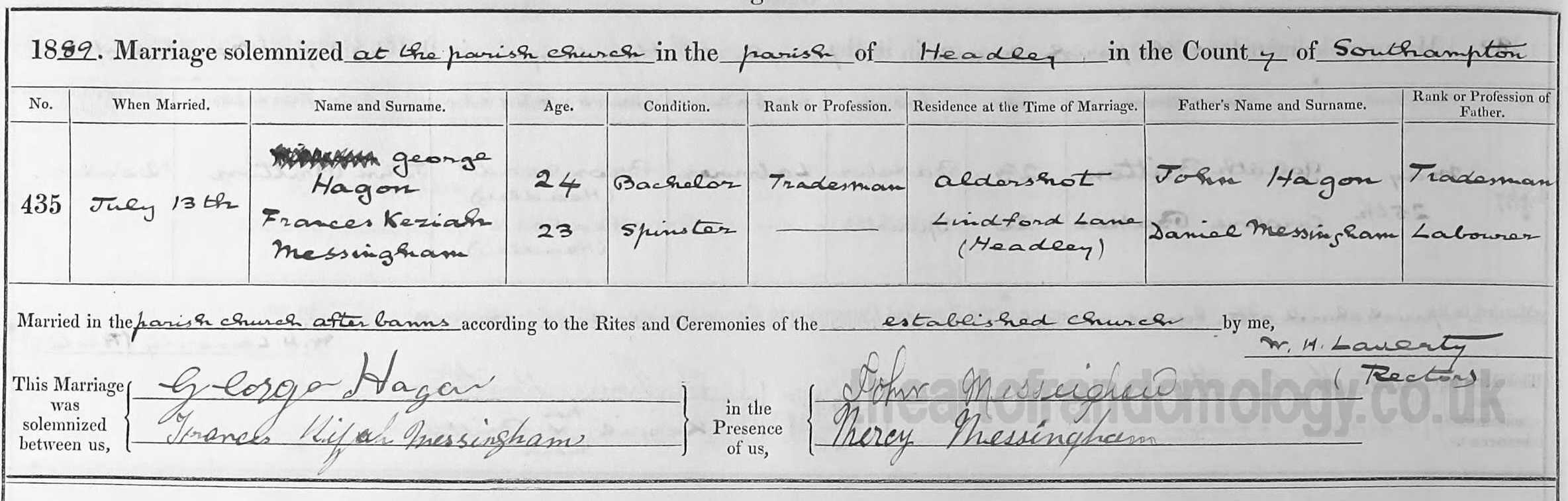 George Hagon & Frances Keziah Messingham marriage 1889