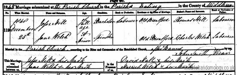 Marriage of Jesse Hill and Jane Welch, 25 Dec 1848, St. Mary's, Ealing, Middlesex 