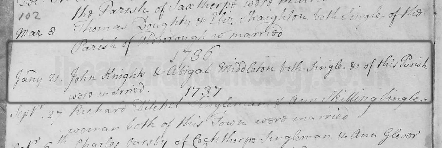 John Knights & Abigail Middleton marriage 1736/37