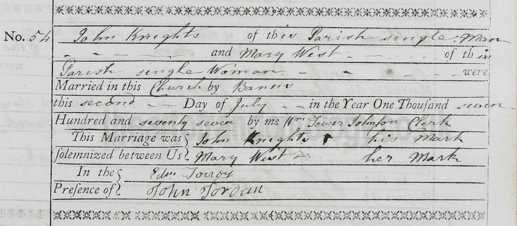 John Knights & Mary West marriage 1777
