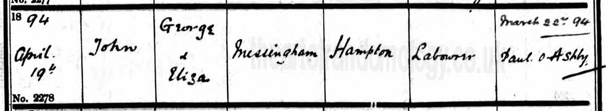 John Messingham baptism 1894