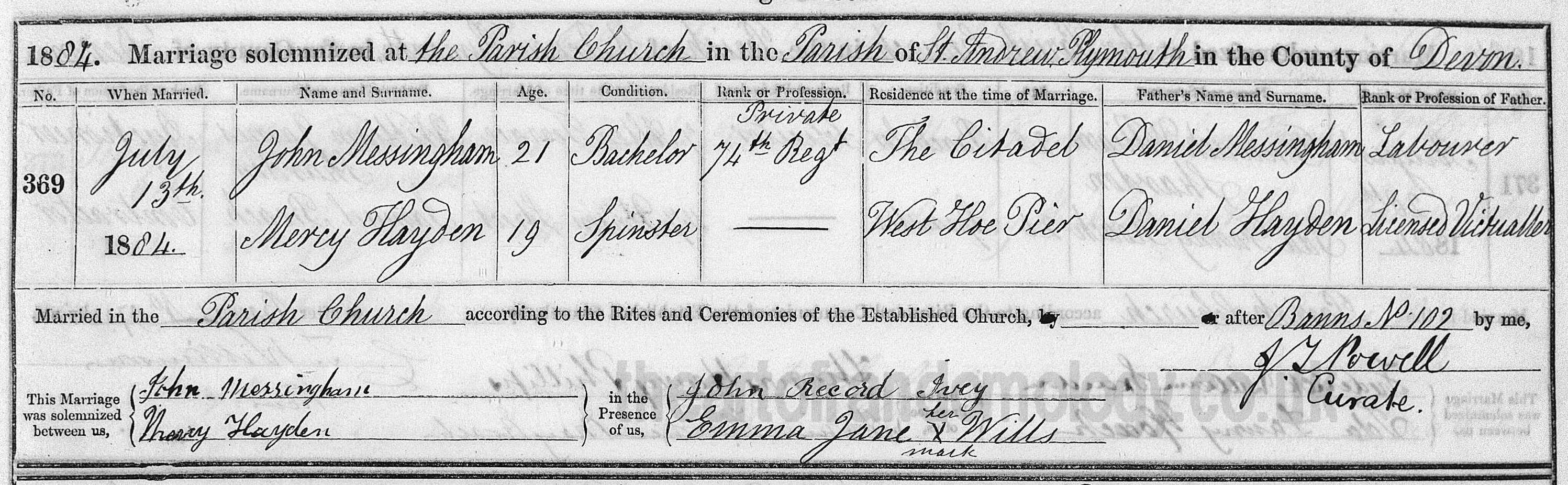John Edgar & Mercy Hayden marriage 1884