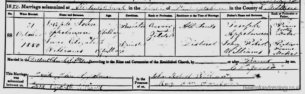 Marriage of Joseph John Appelman and Elizabeth Williams, 1850