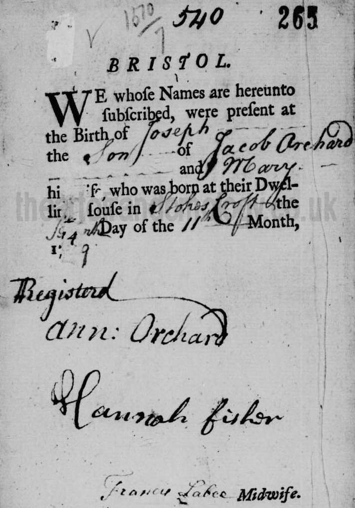 Joseph Orchard birth note