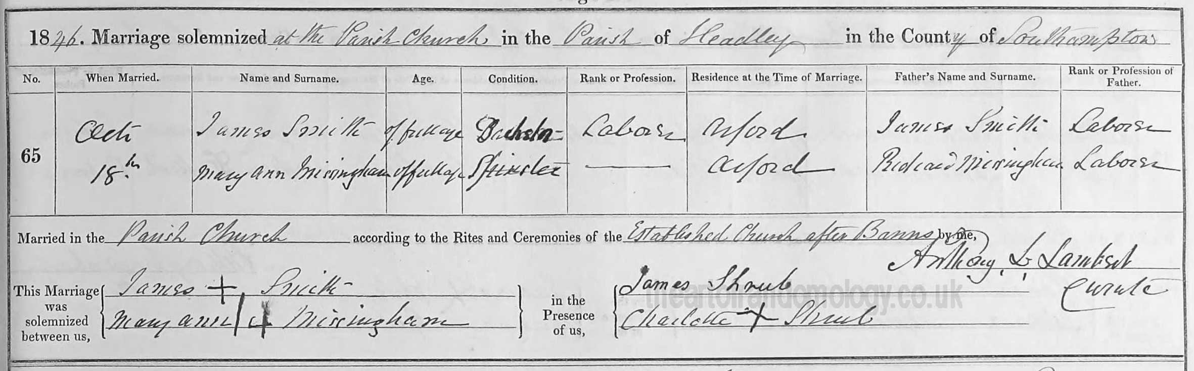 James Smith & Mary Ann Messingham marriage 1846