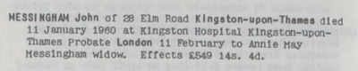 National Probate Calendar: John Messingham 1960