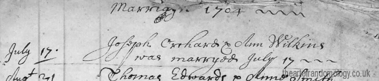 Joseph Orchard & Ann Wilkins marriage, 1704