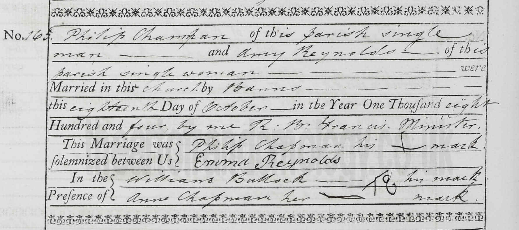 Philip Chapman & Amy Reynolds marriage 1804