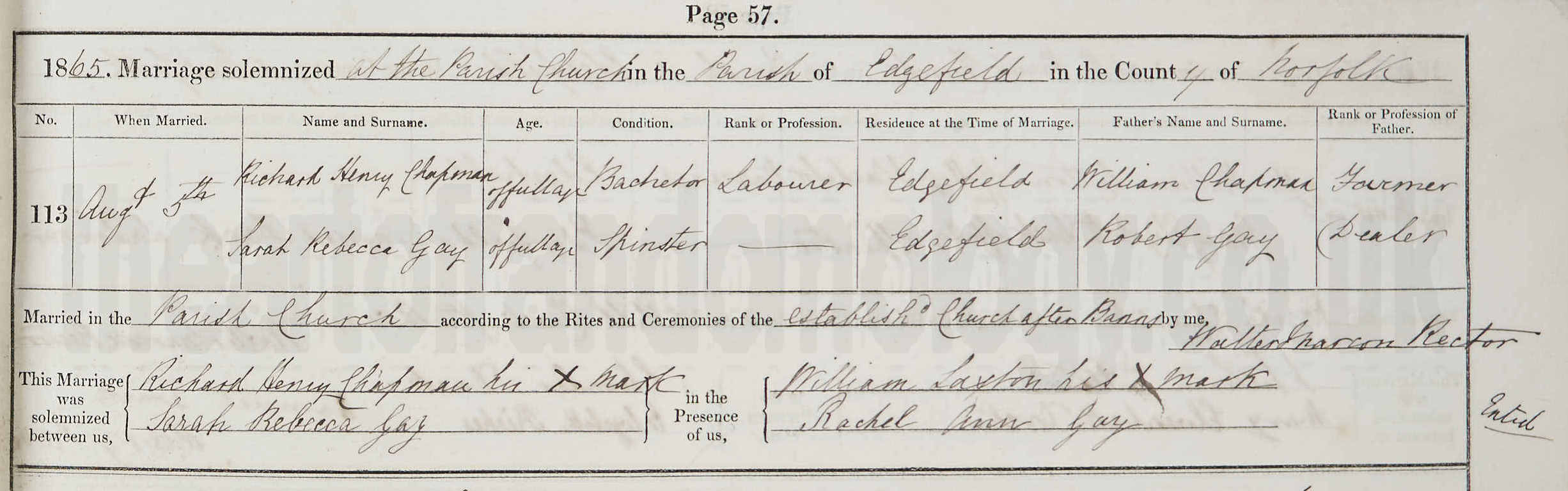 Marriage: Richard Henry Chapman & Sarah Rebecca Gay