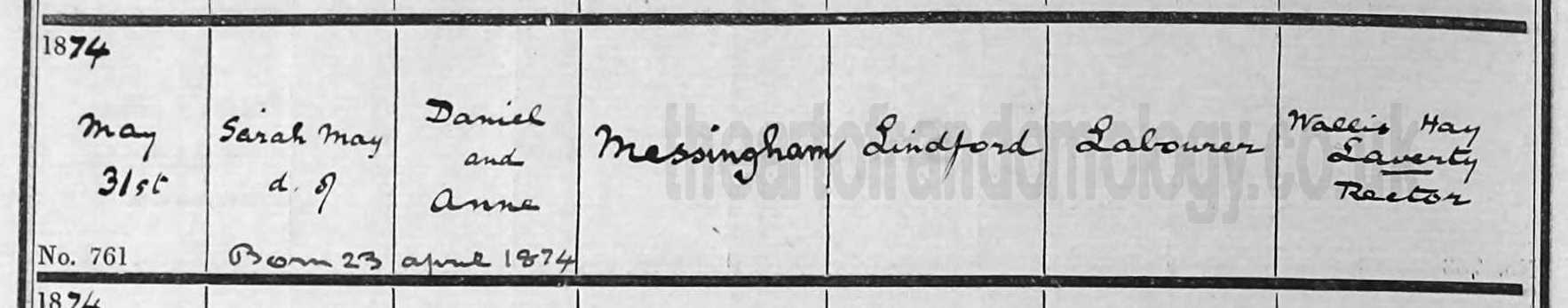 Sarah May Messingham baptism 1874