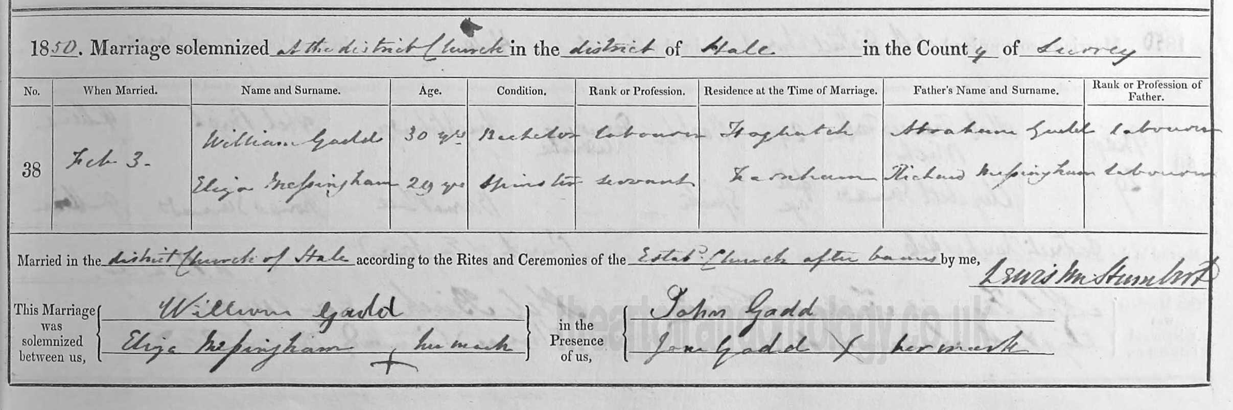 William Gadd & Eliza Messingham marriage 1850