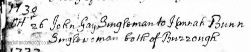 Marriage of John Gay and Hannah Bunn, 26 Oct 1730