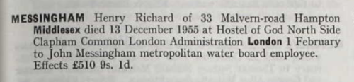 National Probate Calendar: Henry Richard Messingham 1955