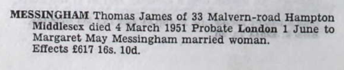  National Probate Calendar: Thomas James Messingham 1951