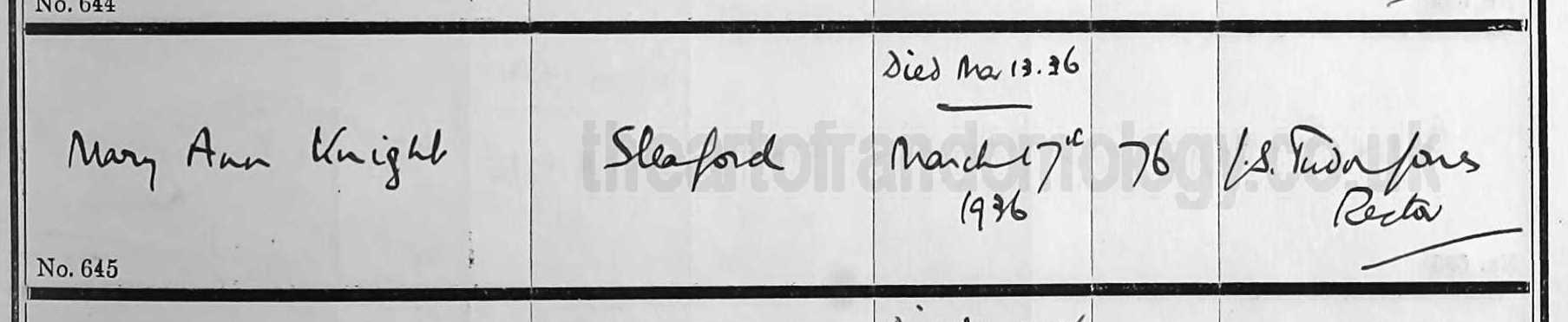 Mary Anne Knight burial 1936
