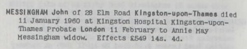 National Probate Calendar: John Messingham 1960